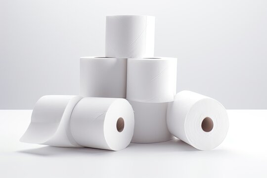 White rolls of toilet paper on a white background.