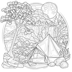 Camping at the waterfall.Coloring book antistress for children and adults. Illustration isolated on white background.Zen-tangle style. Hand draw