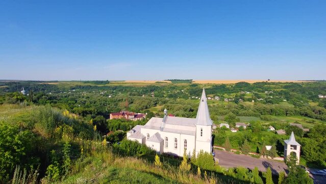 Aerial view of Zinkiv village in Khmelnytskyi region, panoramic motion
