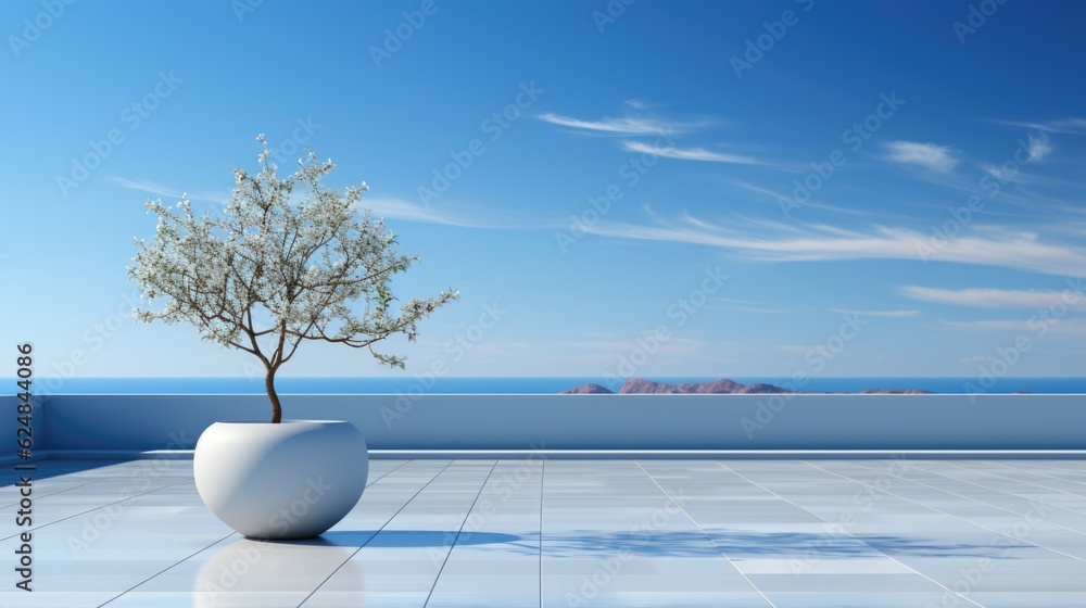 Poster a white vase with a tree in it on a tiled floor. generative ai.