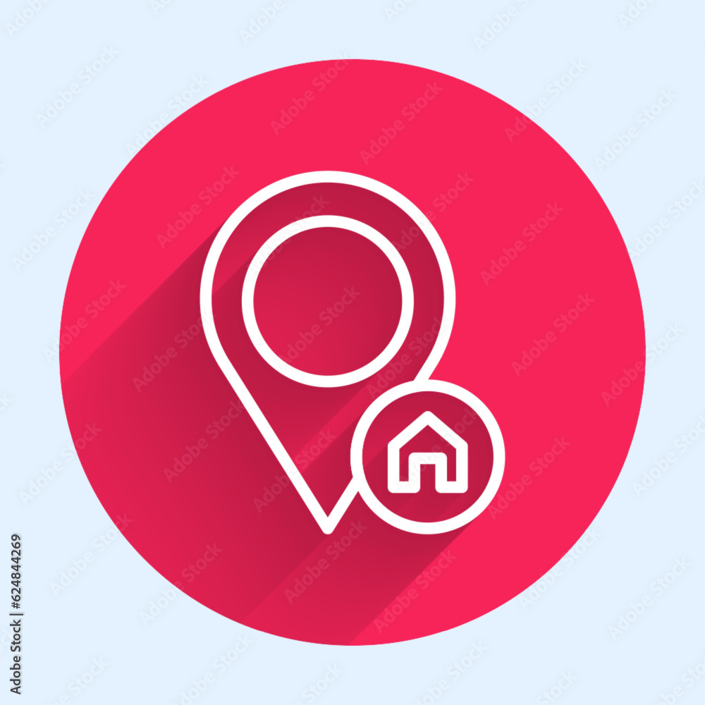 Poster white line map pointer with house icon isolated with long shadow background. home location marker sy