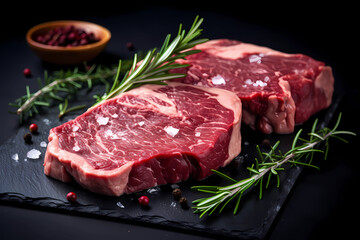 Raw pork steak on a stone board with tomato sauce