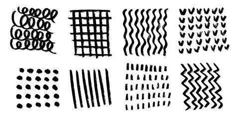Collection of grunge textured with variety of abstract shapes. Backgrounds decor elements in brush hand drawn style. vector ollustrations with dots, lines, stripes, strokes in the Scandinavian style © LanaSham