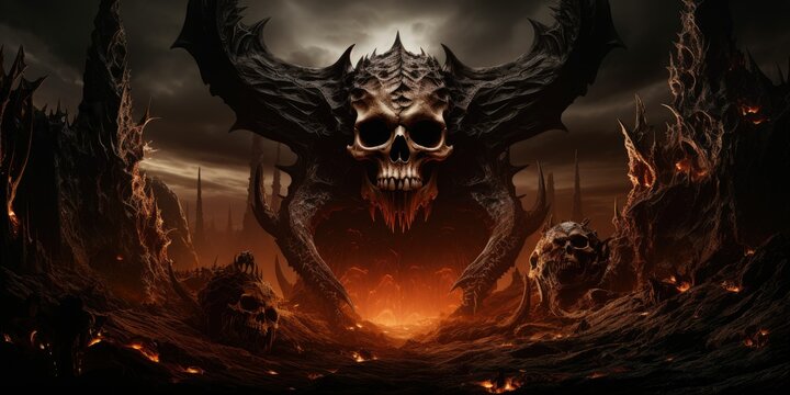 Terrifying giant skeleton skull gateway to demonic lord of hatred in hell, fire and lava landscape of destruction - only death of souls awaits in this evil underworld - generative AI