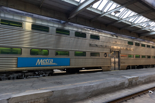 Metra Commuter Train along the Platform at Chicago Union Station on April 14, 2023 in Chicago, Illinois