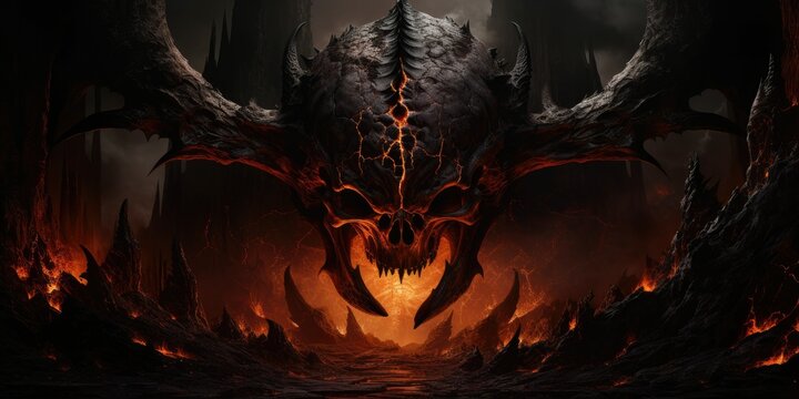 Terrifying giant skeleton skull gateway to demonic lord of hatred in hell, fire and lava landscape of destruction - only death of souls awaits in this evil underworld - generative AI