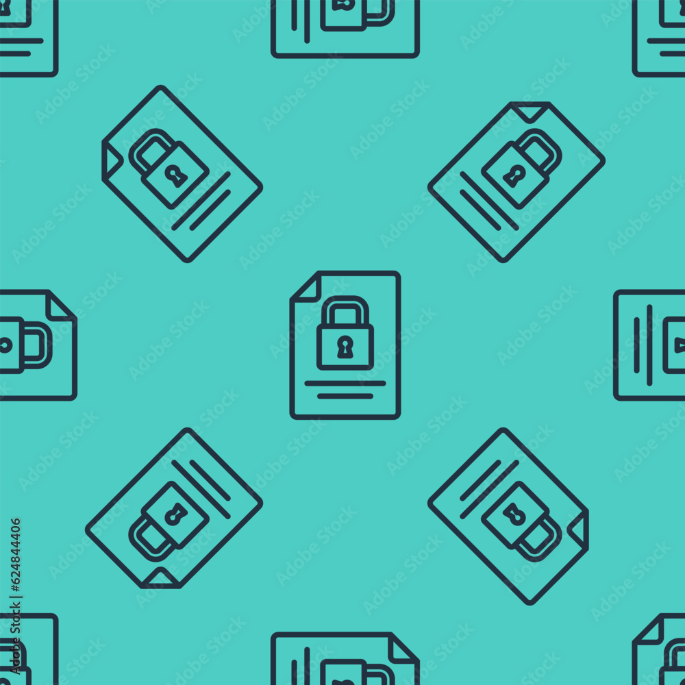 Poster black line document and lock icon isolated seamless pattern on green background. file format and pad