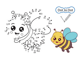 Kids game dot to dot. Activity education worksheet. Kids art game. Finish drawing image of cute bee. Children drawn riddle by numbers. Vector illustration.