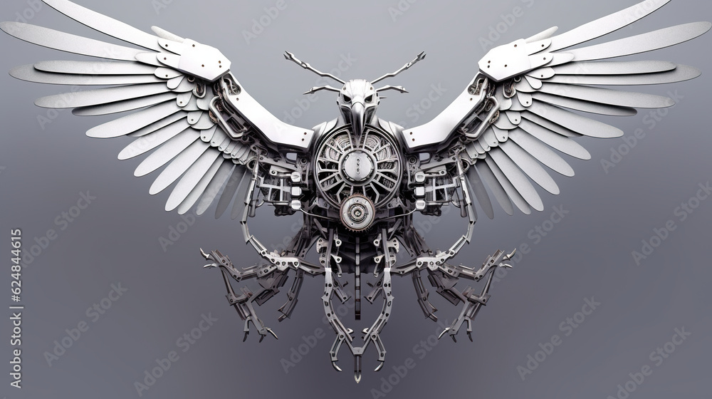 Poster a large metal bird with a clock on it's wings. generative ai. mechanical creature.