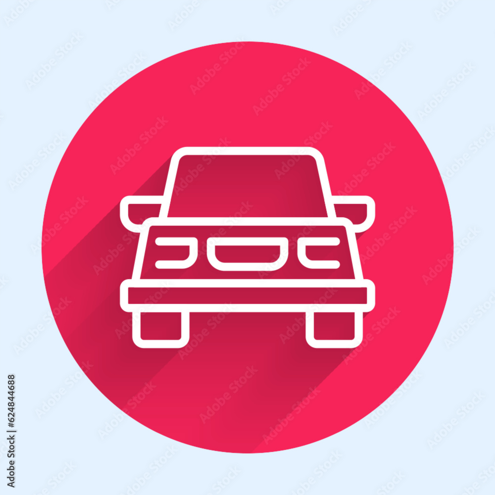 Poster white line car icon isolated with long shadow background. red circle button. vector