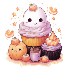 cupcake with cherry cute watercolor halloween pumpkin with cupcake, illustration vector