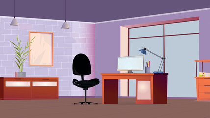 Workplace room, modern Interior, cabinet. Office with computer. Colorful vector illustration in flat cartoon style.

