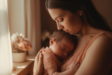 Mother hugging her newborn baby , loving, joyful, AI generated