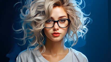 Obraz premium Fröhliche, zufriedene und selbstbewusste Frau mit Brille, Portrait, transparenter Hintergrund mit Platz für Text. Generiert mit KI
