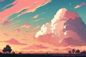 Pastel sunset sky and clouds drawing background, cartoon manga style, AI generated