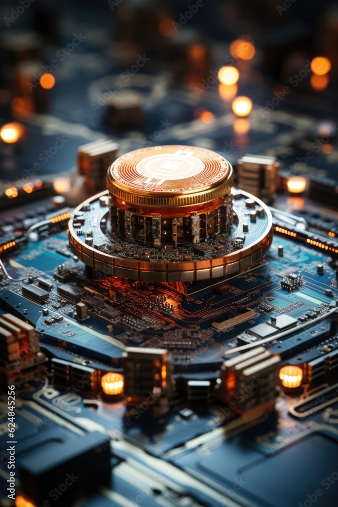 Poster a close up of a coin on a circuit board. generative ai.