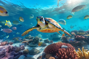 Fototapeta na wymiar Sea turtle swimming in the ocean surroundedby beautiful coral reef and tropical fish, sunlight rays underwater, summertime, environment, biodiversity concept. Generative AI