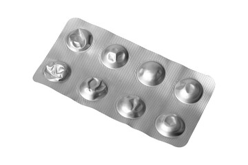 Gray blister with pills isolated on white background.