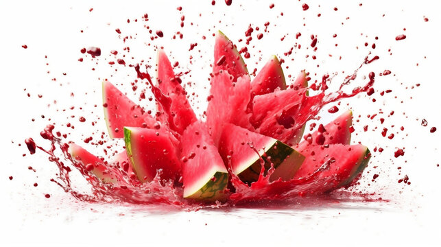 Watermelon explosion, fresh watermelon sliced and splashing juice isolated on white background, tasty tropical fruit, healthy food, baverage advertising, summer concept. Generative AI