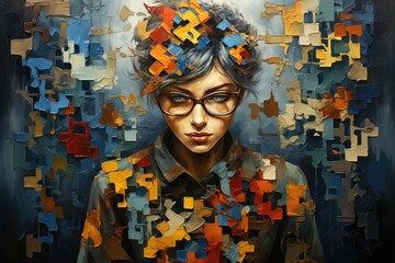 A painting of a woman with puzzle pieces on her head. Generative AI.