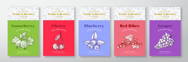 Fruits and Berries Pattern Label Templates Set. Vector Packaging Design Layout Collection. Modern Typography Banner with Hand Drawn Gooseberry, Grapes and Cherry Sketches Background Isolated
