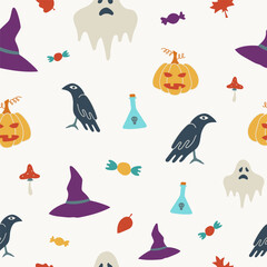 Halloween contemporary trendy vector illustrations seamless pattern. Hand drawn modern colorful elements background with pumpkins, flask, ghost, raven and candies Autumn holiday wallpaper