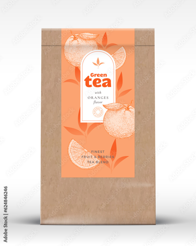 Wall mural craft paper bag with fruit and berries tea label. realistic vector pouch packaging design layout. mo