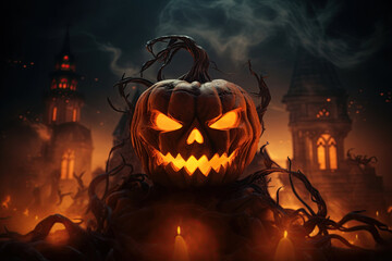 Portrait of a Halloween pumpkin Jack-o-lantern with haunted mansion in the background. Ai Generative illustration