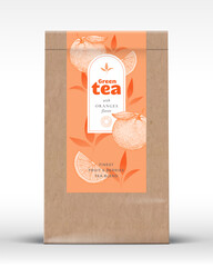 Craft Paper Bag with Fruit and Berries Tea Label. Realistic Vector Pouch Packaging Design Layout. Modern Typography, Hand Drawn Oranges and Leaves Silhouettes Background Mockup Isolated