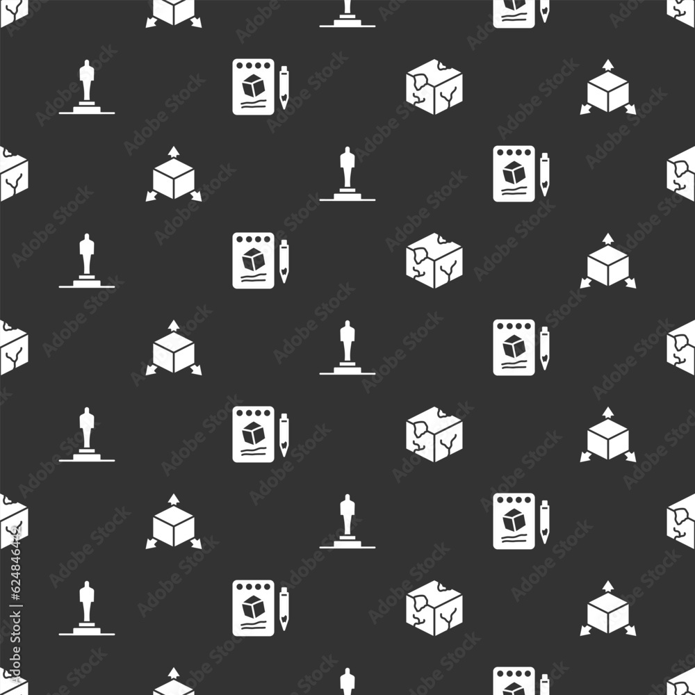 Aufkleber set isometric cube, , 3d printer model and sketch on paper on seamless pattern. vector