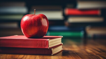 shiny red apple sitting on top of a pile of books 