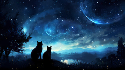 2 cats in the night, looking at the galaxy