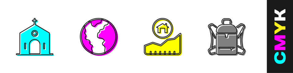 Set Church building, Global economic crisis, Rising cost of housing and Hiking backpack icon. Vector
