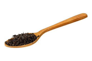 Spoon with black tea isolated on white background.