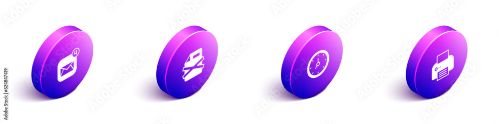 Poster set isometric envelope, delete file document, clock and printer icon. vector