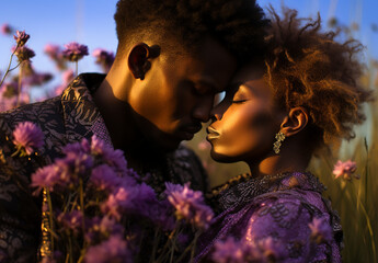 Couple in a wooded scene, with floral crowns with boho style mixed with tribal style outfits. 