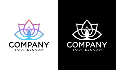 YOGA and human meditation in lotus flower logo design vector illustration.