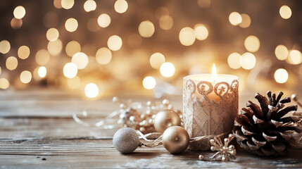 Obraz na płótnie Canvas Rustic Winter Delight - White Christmas Candle with Natural Decor on Wooden Boards, Advent Sunday Scene with Magical Bokeh Lights. created with Generative AI