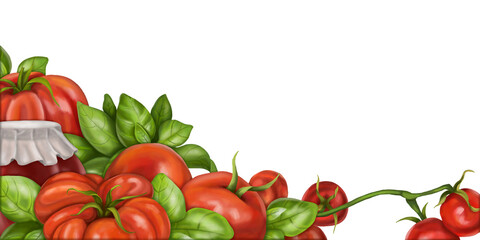 Horizontal rectangular border, frame of red ripe tomatoes of different varieties and green basil leaves. Digital illustration of vegetables on white background. For packaging design, postcards, prints