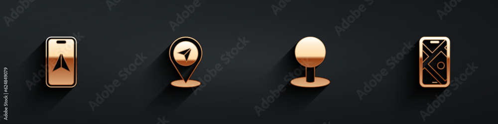 Poster set city map navigation, map pin, push and icon with long shadow. vector