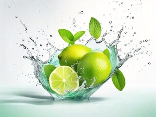 Fresh lime , mint and pure water splash isolated on white background.