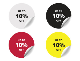10% off round sticker sign. 10% off circle sticker banner colors set, badge symbol vector illustration