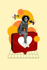 Vertical collage picture of mini black white colors girl sitting huge like notification butterfly...