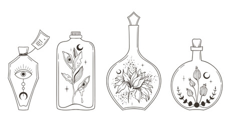 Magic masson jar with mystical plants and moon bundle, hand drawn glass bottles and celestial flowers vector black and white images set - obrazy, fototapety, plakaty