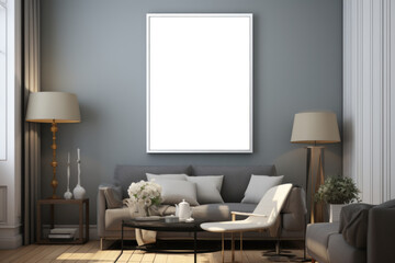 Blank horizontal poster frame mock up in living room interior, modern living room interior background. Generative AI