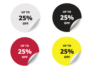 25% off round sticker sign. 25% off circle sticker banner colors set, badge symbol vector illustration