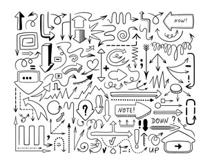 Hand drawn simple doodle arrows icon set for web made in vector, black and white line direction signs bundle