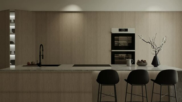 Kitchen with wooden island and facades.