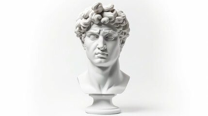 Gypsum statue of David's head. Michelangelo's David statue plaster copy isolated on white background. - obrazy, fototapety, plakaty