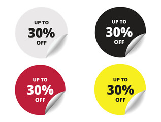30% off round sticker sign. 30% off circle sticker banner colors set, badge symbol vector illustration